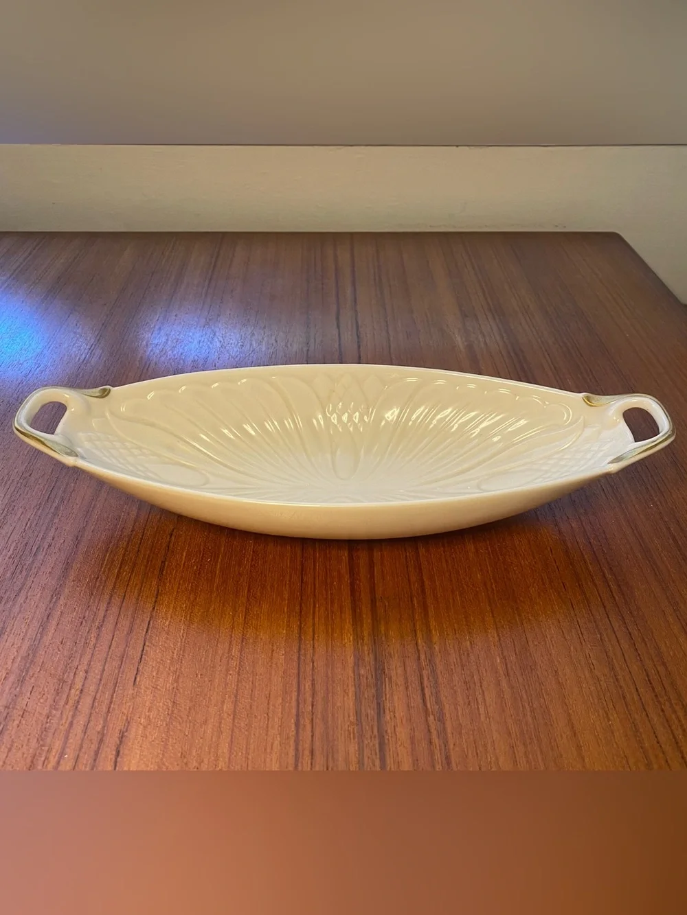 Vintage Lennox Cream Ceramic Serving Platter with Gold Accent Handles